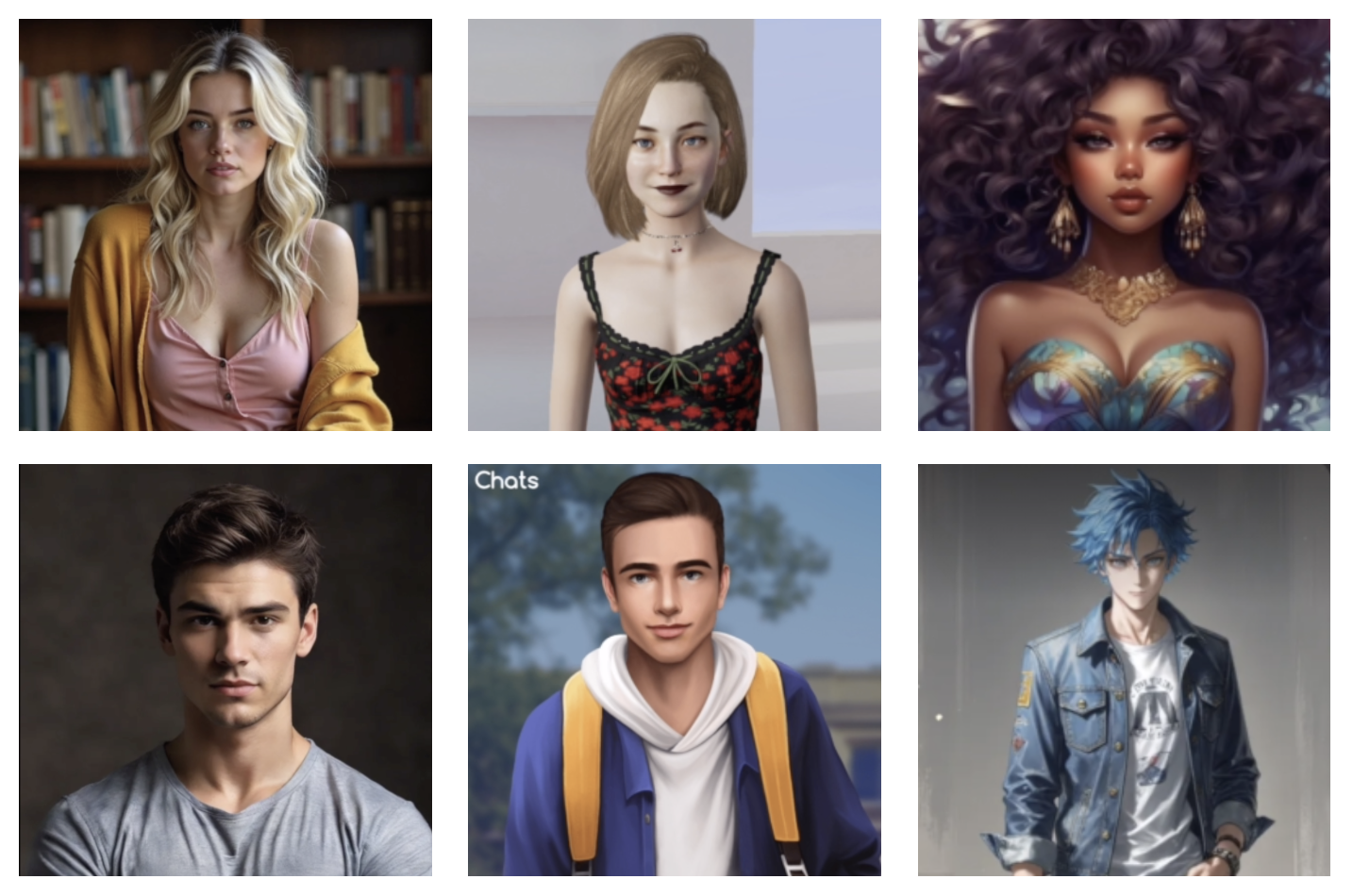 Six images of AI companions, including two photorealisitc companions, two avatar/3D-rendered style companions, and two cartoon/anime companions.