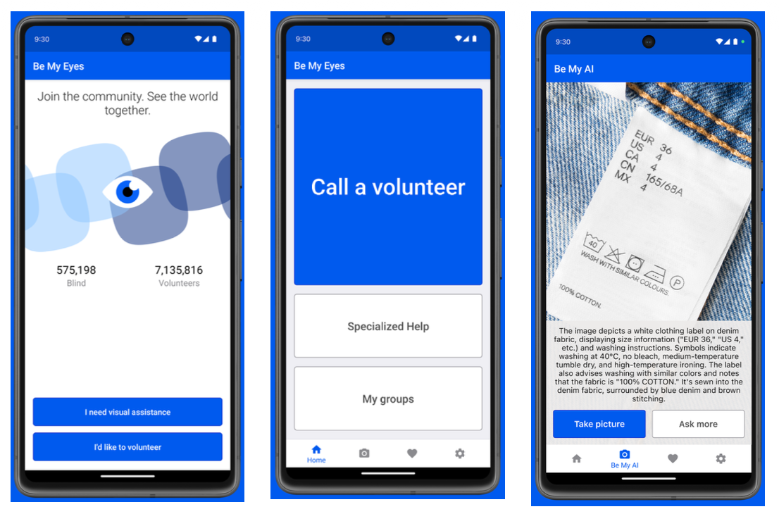 Three screenshots of the Be My Eyes app on a blue background.