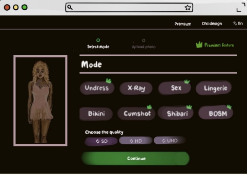 An artistic rendering of a nudification website, showing the options for controling the image outputs.