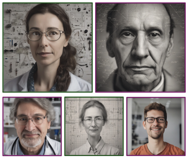 Five AI-generated images of people’s faces, with varying appearances.